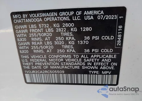 2024 Volkswagen Atlas 2.0T Se W/Technology из США, поврежденный, VIN 1V2JR2CA2RC505509